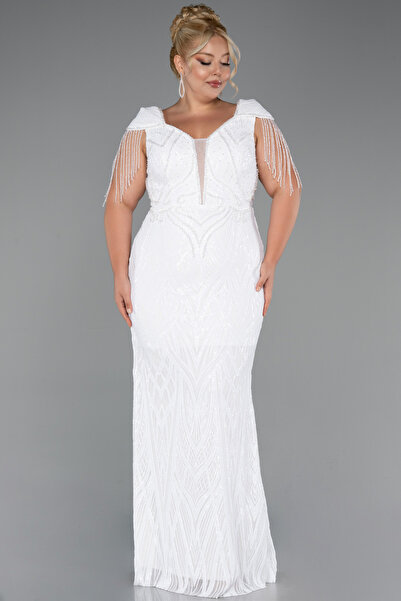 Abiyefon Ekru Kısa Kol V Yaka Uzun Pul Payet Büyük Beden Abiye ABU4821