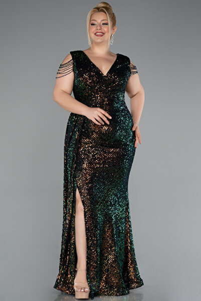 Abiyefon Rins Boncuklu Yırtmaçlı Uzun Pullu Büyük Beden Abiye ABU4886