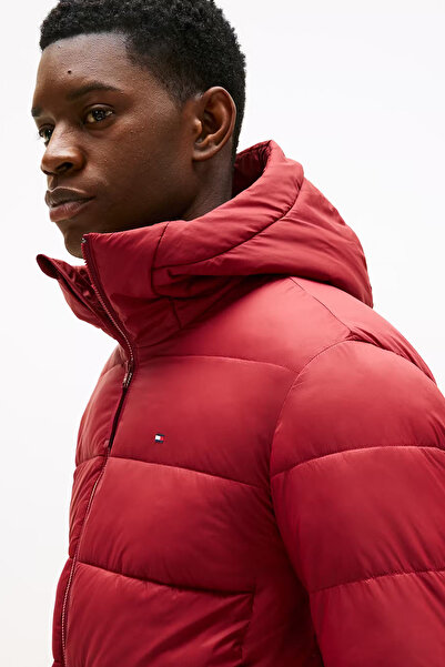 Tommy Hilfiger Erkek Orta Kalınlık Kapüşonlu Mont - Kırmızı