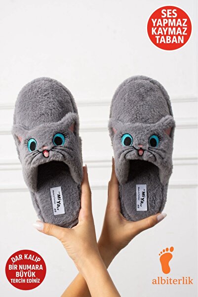 AlbiShoes Παντόφλες εσωτερικού χώρου με χαριτωμένη φιγούρα γάτας, μαλακό βελούδινο, χωρίς ήχο, αντιολισθητικές, ελαφριές παντόφλες εσωτερικού χώρου