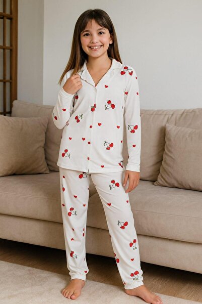 Pemilo Girl's 015291 Collared Buttoned Suede Pajama Set White