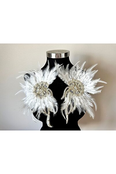 ALTAY AKSESUAR Special White Feather Beaded Stone Double-Sided Applique (Sold...