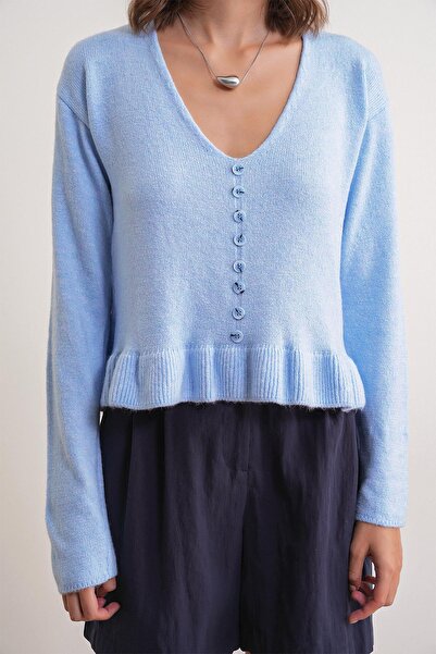 Mixray 6954 women's ruffle detailed v-neck knitwear sweater baby blue