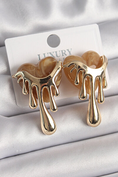 Lisinya Brass Gold Color Cream Pearlescent Flowing Heart Model Women's Earrin...