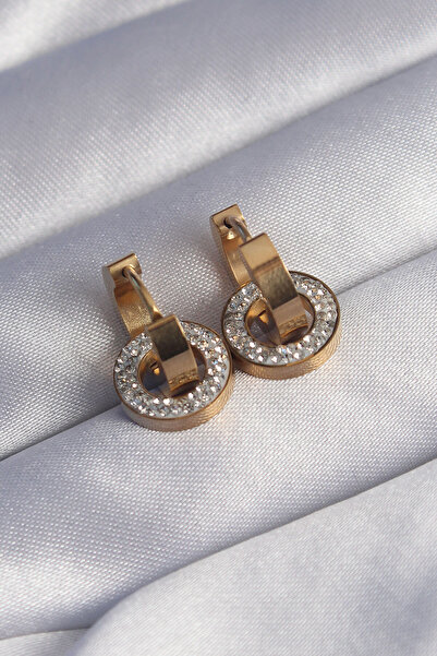 Lisinya أقراط بيضاوية متشابكة من حجر الزركون باللون الذهبي من الفولاذ 316L -