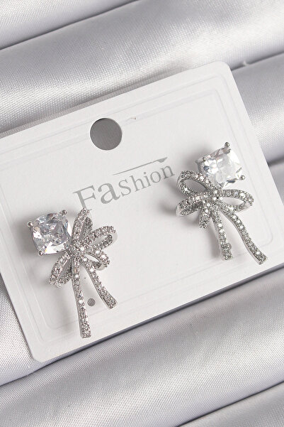 Lisinya Brass Silver Color Zircon Stone Ribbon Model Women's Earrings - Tygoo