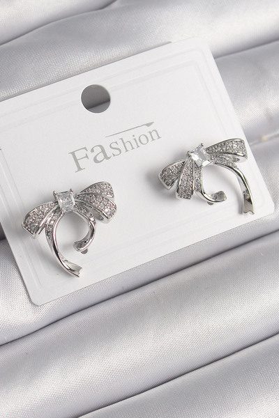 Lisinya Brass Silver Color Zircon Stone Bow Model Women's Earrings - Tygoo