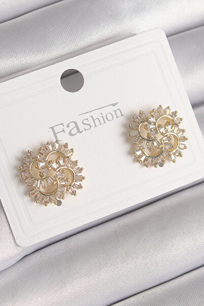 Lisinya Brass Gold Color Zircon Stone Clover Model Women's Earrings - Tygoo