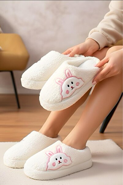 Oksit Ft 101 Rabbit Embroidered Women's House Slippers Plush Slippers Dowry and Bundle Slippers Do Not Make Noise Thick Sole