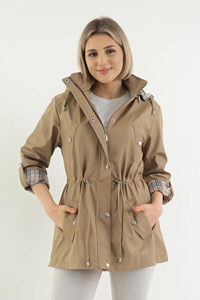 TUTveAL Collection Kadın Suya Dayanıklı Trençkot Kapüşonlu Ekoseli Vizon Trençkot Bonded Kumaş Trençkot