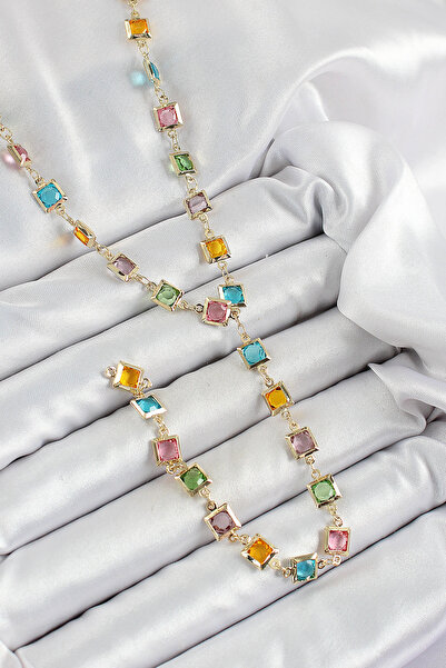 Lisinya قلادة على شكل حرف Y من النحاس الأصفر موديل مربع الشكل مرصعة بحجر الزر...