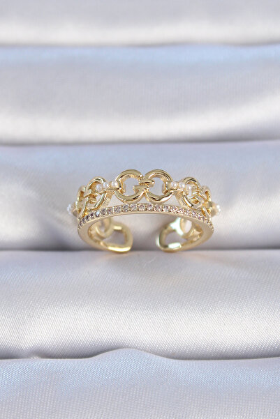 PAZAR DÜNYASI خاتم نسائي نحاسي ذهبي اللون بحجر الزركون واللؤلؤ - ليسينيا