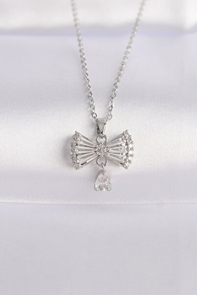 Lisinya 316L Steel Chain Silver Color Zircon Stone Heart Detail Bow Necklace ...