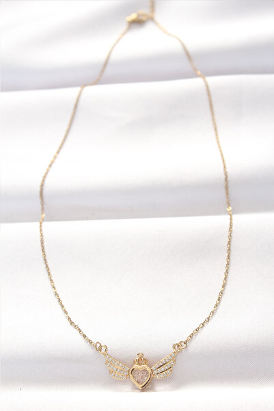 Lisinya قلادة على شكل جناح قلب من الفولاذ 316L بلون ذهبي مع حجر الزركون -