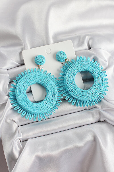 Lisinya Blue Tasseled Ring Figured Straw Weave Model Gold Color Women's Earri...