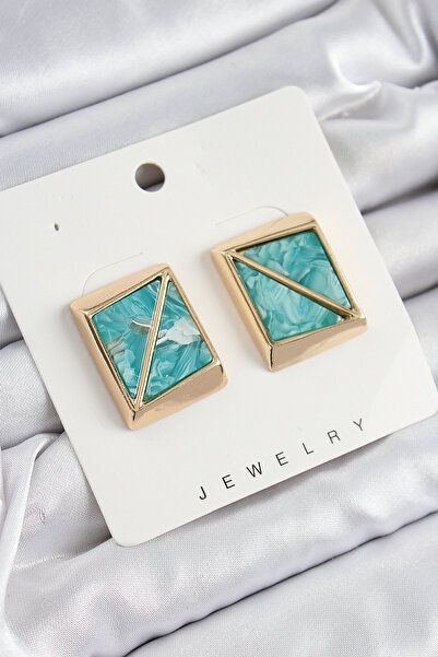 Lisinya Brass Turquoise Triangle Cut Detailed Square Model Vintage Gold Color...