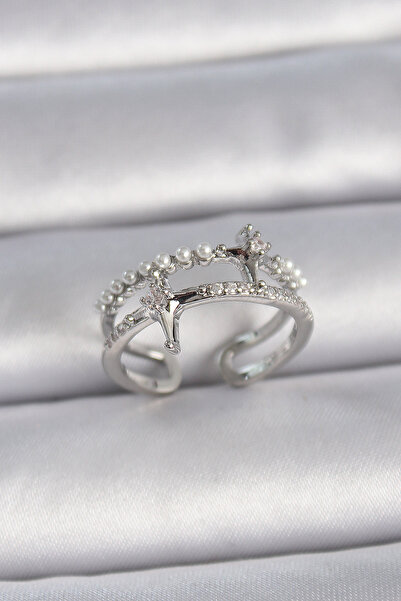 PAZAR DÜNYASI خاتم نسائي نحاسي فضي اللون قابل للتعديل بحجر الزركون ونجمة وتفا...