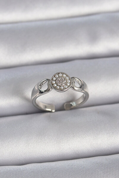 Lisinya خاتم نسائي من النحاس بلون فضي مع حجر الزركون واللؤلؤ وتفاصيل مطرزة عل...