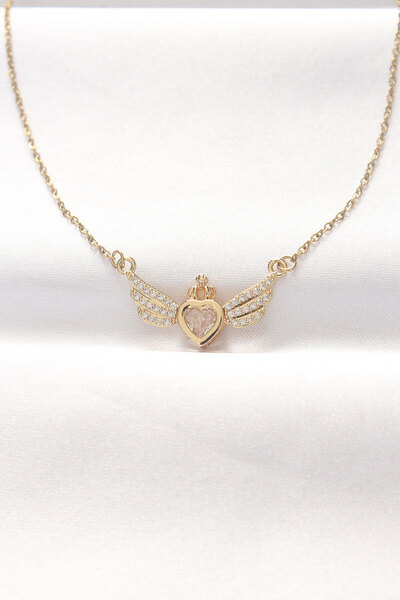 Lisinya 316L Steel Gold Color Zircon Stone Heart Wing Necklace - Tygoo
