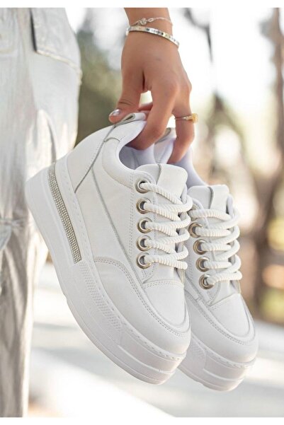 Lisinya White Skin Lace-Up Sneakers -