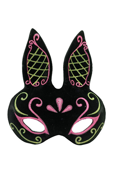 teknoparkx Black Color Pink Gold Glittery Black Suede Coated Rabbit Mask 18X1...