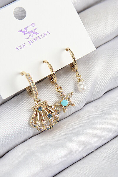 Lisinya Brass Zircon Stone 3-Piece Oyster and Star Model Gold Color Women's E...