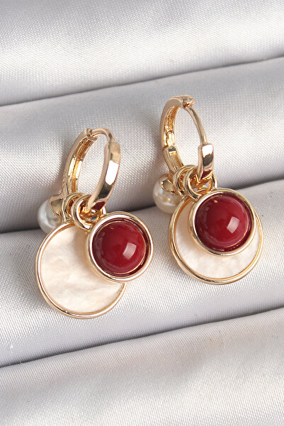 Lisinya Brass Gold Color Dangle White Enamel Claret Red Detail Women's Earrin...