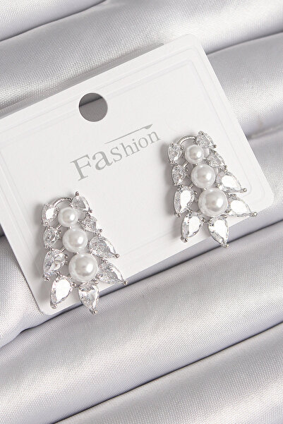 Lisinya Brass Silver Color Zircon Stone Leaf Model Pearl Detail Women's Earri...