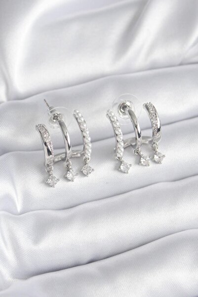 Lisinya Brass Silver Color Zircon Stone Detail Pearl Women's Earrings -