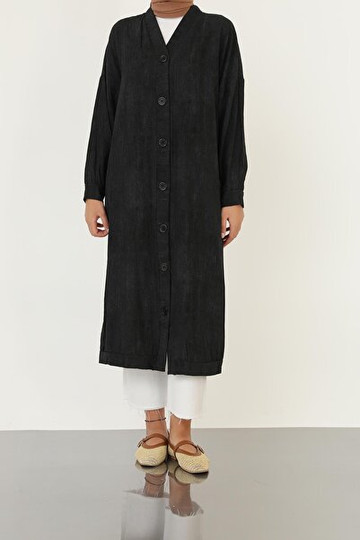 Puane Women's Front Button Detailed Long Tunic -10681Tun - Black