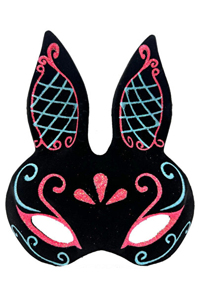 Lisinya قناع أرنب أسود اللون أزرق أحمر لامع مغطى بالجلد السويدي 18x16 سم - TYGOO