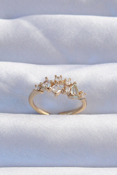 doremodam Brass Gold Color Zircon Stone Drop Detail Adjustable Ring - Lisinya