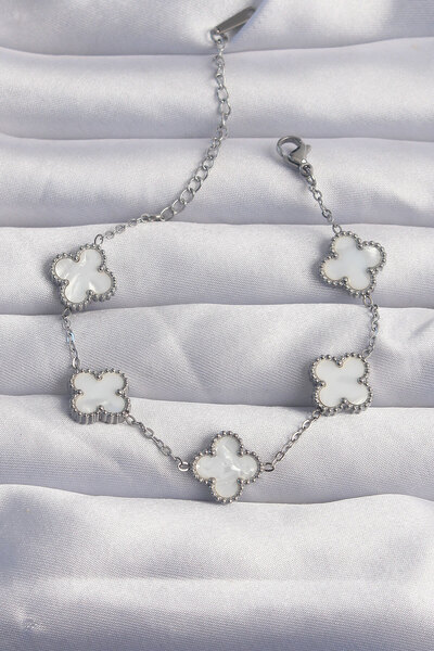 Lisinya 316L Steel Silver Color White Pearlescent Clover Bracelet -