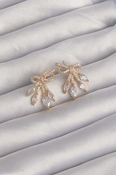 Lisinya Brass Gold Color Zircon Stone Bow Earrings - Tygoo