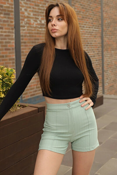 Lisinya Elegant and Stylish High-Waisted Crepe Stretchy Striped Shorts in Aqu...