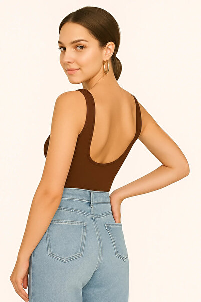 bysoca Kadın Kahverengi Sırt Dekolteli Kayık Yaka Sıfır Kol Vücudu Saran Basic Tanga Bodysuit