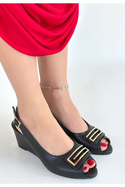 Lisinya Black Leather Wedge Heel Shoes -