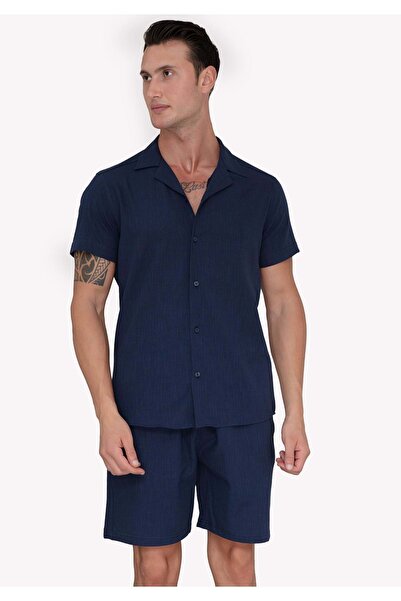 Exve Exclusive Navy Blue Linen Relaxed Fit Short Sleeve Loose Lapel Collar Summer Shirt Shorts Set