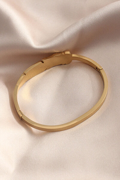 Lisinya Gold Color Leaf Model Zircon Stone Detail Handcuff Women's Bracelet -