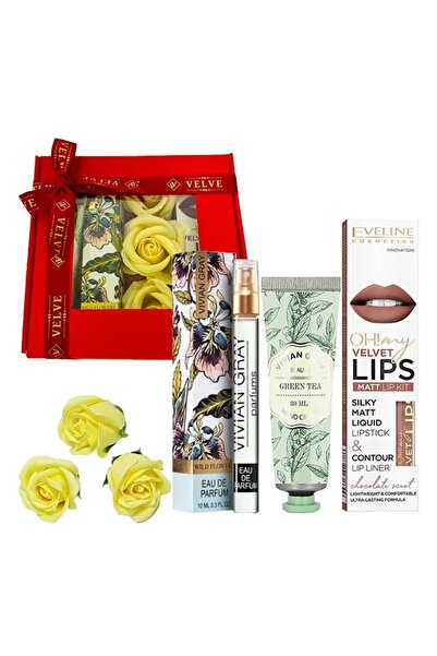 velve Pachet Scarfy, 3 trandafiri de sapun,Apa de parfum 10ml Vivian Gray, ruj mat,crema de maini,Galben