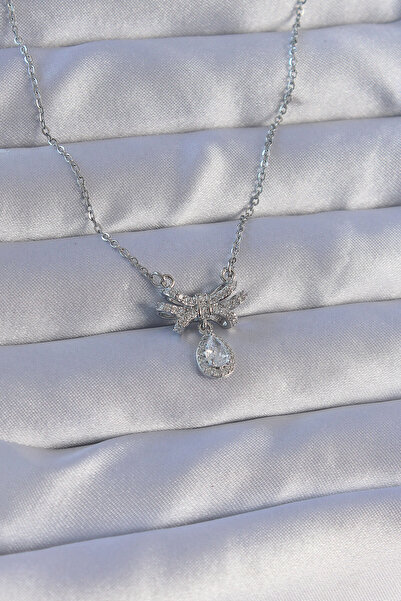 Lisinya 316L Steel Chain Silver Color Zircon Stone Drop Detail Bow Model Neck...