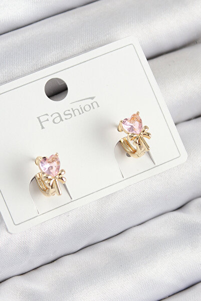 Lisinya Brass Zircon Stone Bow Heart Model Gold Color Children's Earrings - T...