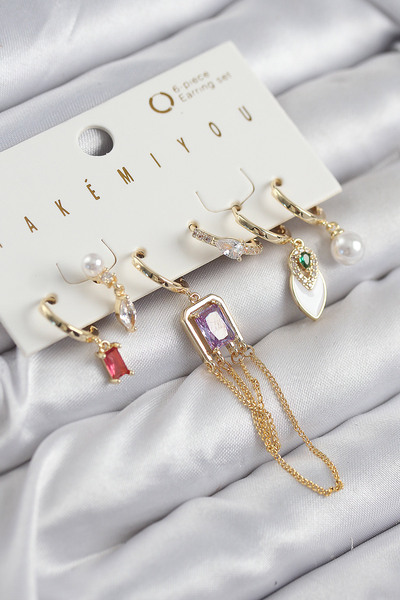 Lisinya Gold Color 6-Piece Earring Set with Brass Zircon Stones and Pearls - ...