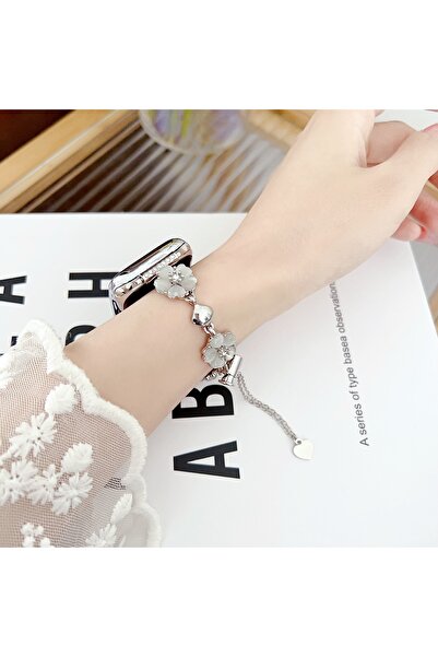 redmud teknoloji Apple Watch Series 4 5 6 7 8 9 10 42-38-40-41 mm Flower Rhinestone Chain Detailed Heart Stylish Design Band