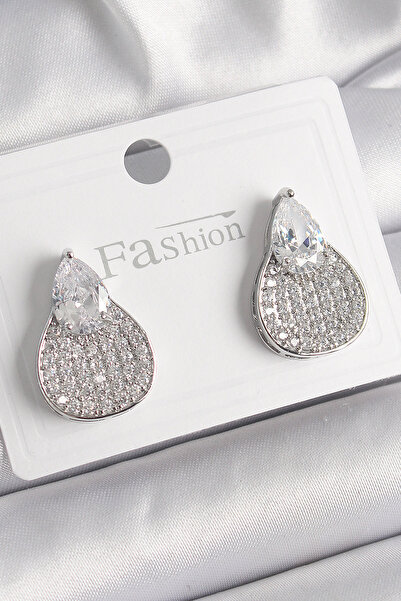 Lisinya Brass Silver Color Zircon Stone Drop Model Women's Earrings - Tygoo