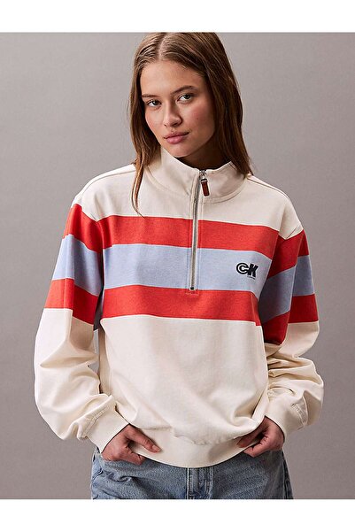 Calvin Klein RUGBY JERSEY 1/4 ZIP STRIPE TOP Bej Kadın Sweatshirt