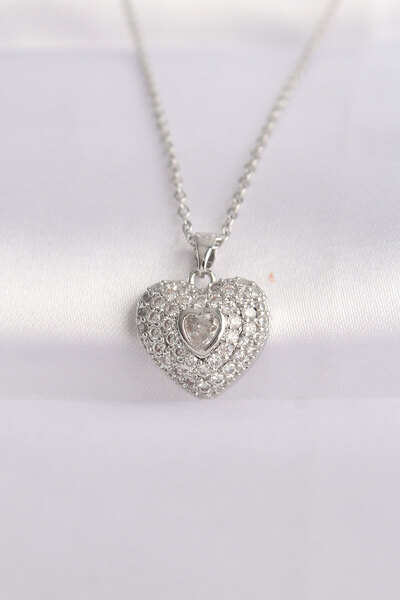 Lisinya 316L Steel Chain Silver Color Zircon Stone Heart Necklace -