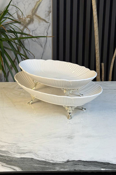 MAY HOME 2-Piece Porcelain Boat-Shaped Presentation Plate & Oval Appetizer Dish with Metal Legs