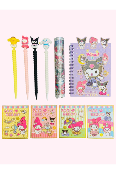 ÖZ OFİS Kuromi Sanrio 10 Parça Set Uçlu Kalem Rulo Sticker Mini Not Defteri A...