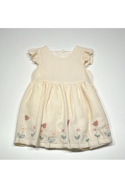 Bebüş 12 Ay Kız Bebek Pamuklu Pudra Hırkalı Çiçek Desenli Elbise